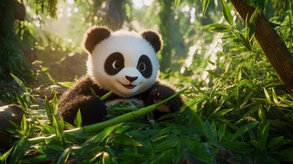 Obraz premium Adorable Panda Cub in Lush Bamboo Forest