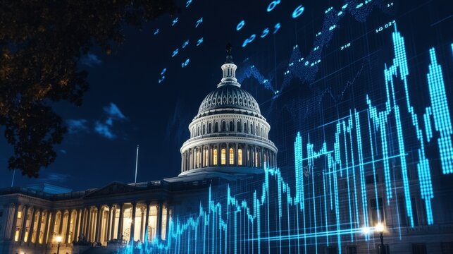 Capitol building at night with financial data overlays, representing government regulations and stock market trends impacting economic growth and investment strategies.