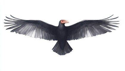 Fototapeta premium Majestic black bird with outstretched wings soaring against a white background, showcasing its beauty