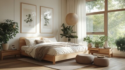 Fototapeta premium A bedroom with a wooden bed, a white bedspread, and a white curtain. The room has a natural and calming atmosphere, with a few potted plants and a vase on the nightstand