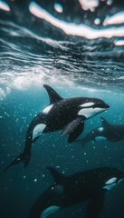 Fototapeta premium Orcas swimming gracefully underwater, a mesmerizing view of these magnificent creatures in their natural habitat.