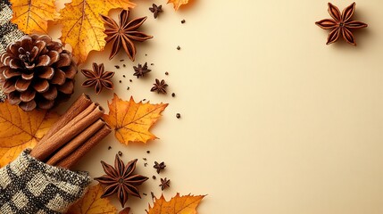 A top view photo of cinnamon sticks, anise, yellow maple leaves, a pine cone, and a plaid on an isolated pastel beige background with empty space, evoking autumn inspiration