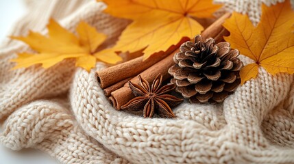A top view photo of cinnamon sticks, yellow maple leaves, anise, and a pine cone nestled on a beige scarf on an isolated white background with copyspace, evoking an autumn mood