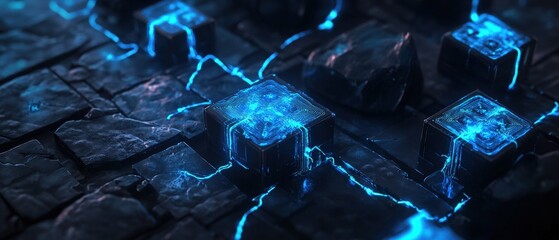 Blockchain technology, digital innovation and futuristic network with glowing elements on stone surface. Cybersecurity, data transmission, and virtual connectivity theme.