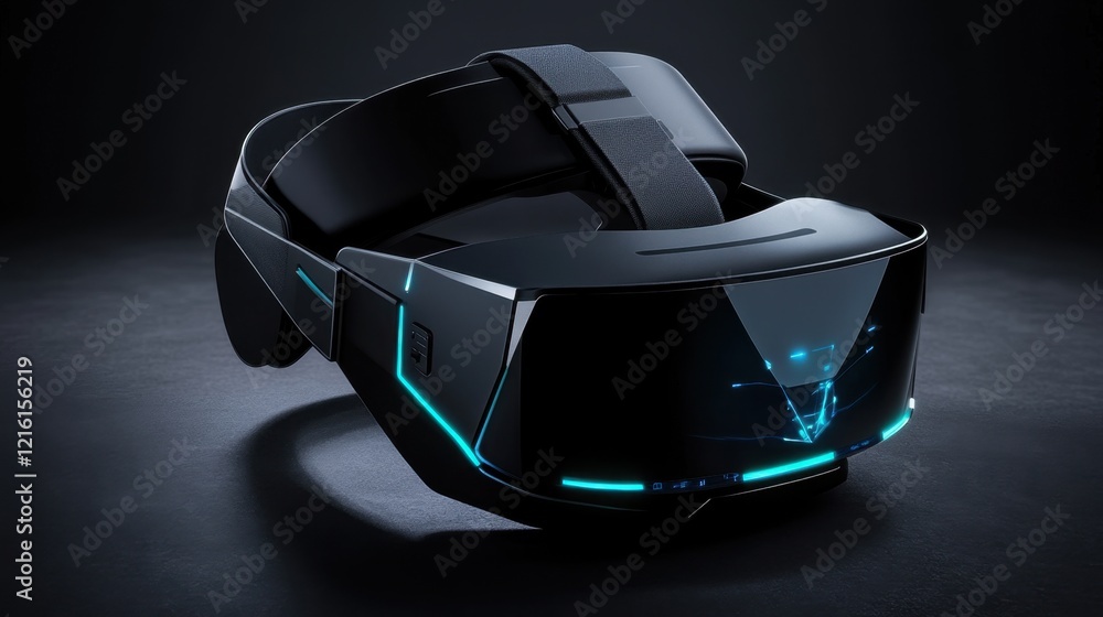 Poster virtual reality headset with glowing immersive game interface elements.