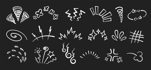 Manga or anime comic emoticon element graphic effects hand drawn doodle vector illustration set isolated on black background. Line style manga doodle line expression scribble anime mark collection.