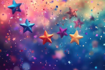 Colorful stars and confetti floating in a soft, dreamy space, creating a whimsical and joyful scene