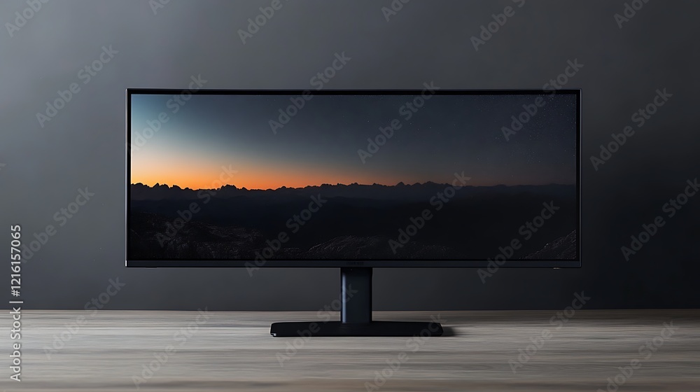 Poster high-definition led monitor set against a clean gray backdrop, designed for text placement on the le
