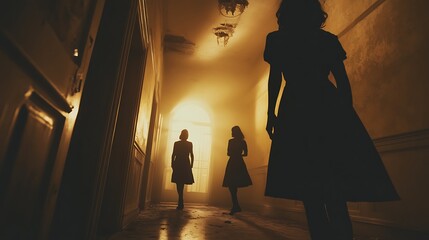 Three Silhouettes of Women in a Foggy Hallway