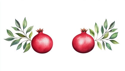 Two vibrant pomegranates surrounded by lush green leaves on a white background, ideal for culinary use
