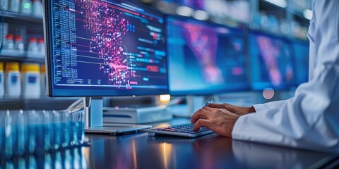 Scientist working on a computer analyzing complex data visualizations and global patterns in a modern laboratory setting,