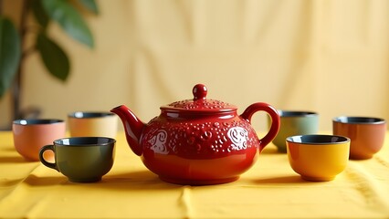 A vibrant red teapot on a yellow tablecloth with colorful ceramic cups around it