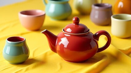 A vibrant red teapot on a yellow tablecloth with colorful ceramic cups around it