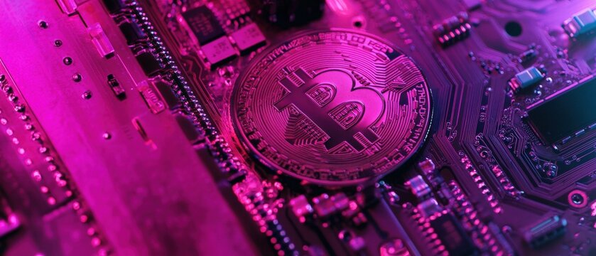 Bitcoin symbol on a circuit board with neon lighting, representing cryptocurrency technology, digital finance, blockchain innovation, and investment opportunities.