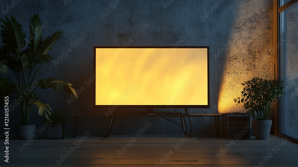 Poster sleek and stylish led monitor positioned on a soft gray surface, space available for text