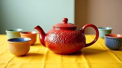 A vibrant red teapot on a yellow tablecloth with colorful ceramic cups around it