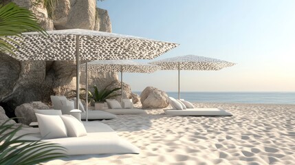 Luxurious beach lounge with white umbrellas, cushions, and  ocean view.