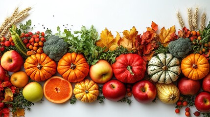 A top view photo representing the autumn harvest with raw vegetables, pumpkins, gourds, maize, zucchini, apples, and wheat on an isolated white background with copyspace