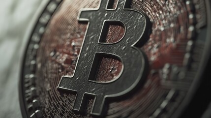 Bitcoin symbol, cryptocurrency concept on metal coin, close-up shot highlighting blockchain technology and digital finance innovations in modern economy.