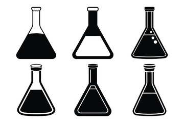Chemistry conical flask Icon silhouette set on Black Vector with white Backgrounds