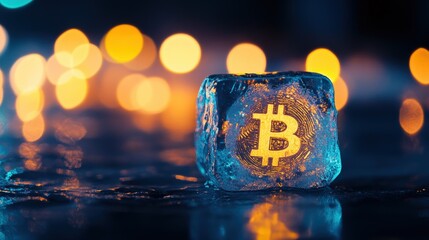Bitcoin symbol embedded in ice cube with glowing bokeh background, representing cryptocurrency trends, investment challenges, and digital currency future in finance.