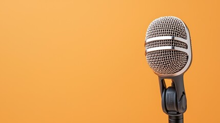 Fototapeta premium Microphone on stand against bright yellow background for audio recording or broadcasting