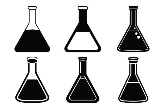 Chemistry conical flask Icon silhouette set on Black Vector with white Backgrounds