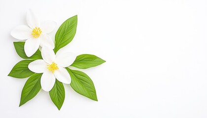 Obraz premium Beautiful white flowers with green leaves arranged on a clean white background for decoration