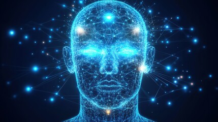 Visualization of biometric data processing with glowing neural network designs and abstract holographic visuals.