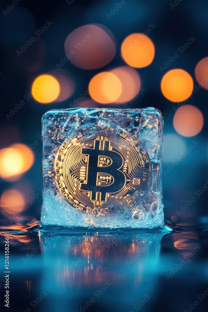 Poster bitcoin, frozen in ice cube with glowing bokeh lights in background, symbolizing cryptocurrency mark