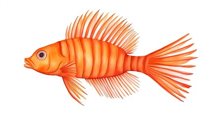 Vibrant orange fish with intricate fins swimming against a white background, showcasing beauty