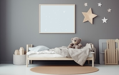 mock up white blank poster frame in children bedroom, Scandinavian style interior background