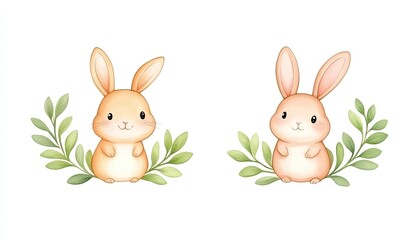 Obraz premium Two adorable cartoon rabbits surrounded by green leaves, showcasing a playful and cheerful mood
