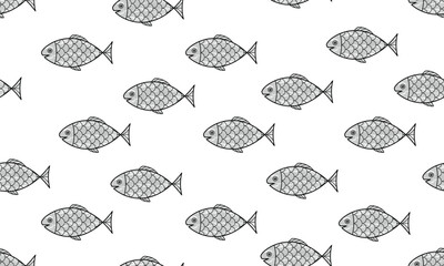 Fish seamless pattern. Cartoon monochrome fish on white background.