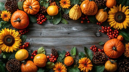 A top view vertical photo of sunflowers, raw vegetables, pumpkins, pattypan squash, pine cones, and rowan berries on an isolated white wooden table background, creating an autumn harvest scene