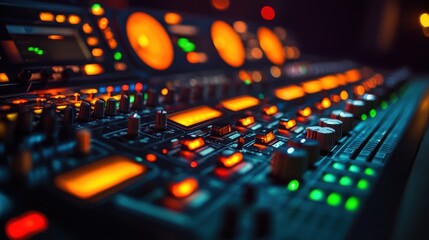 Obraz premium Illuminated audio mixing console with multiple knobs and sliders glowing in orange and green