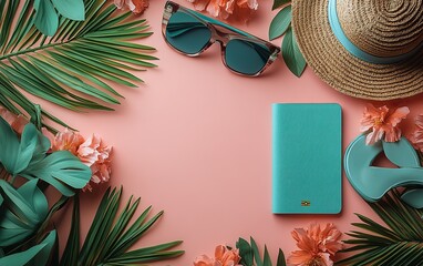 A trendy flat lay of summer travel essentials including flip flops, sunglasses, a passport, and a hat arranged on a pink background with room for text