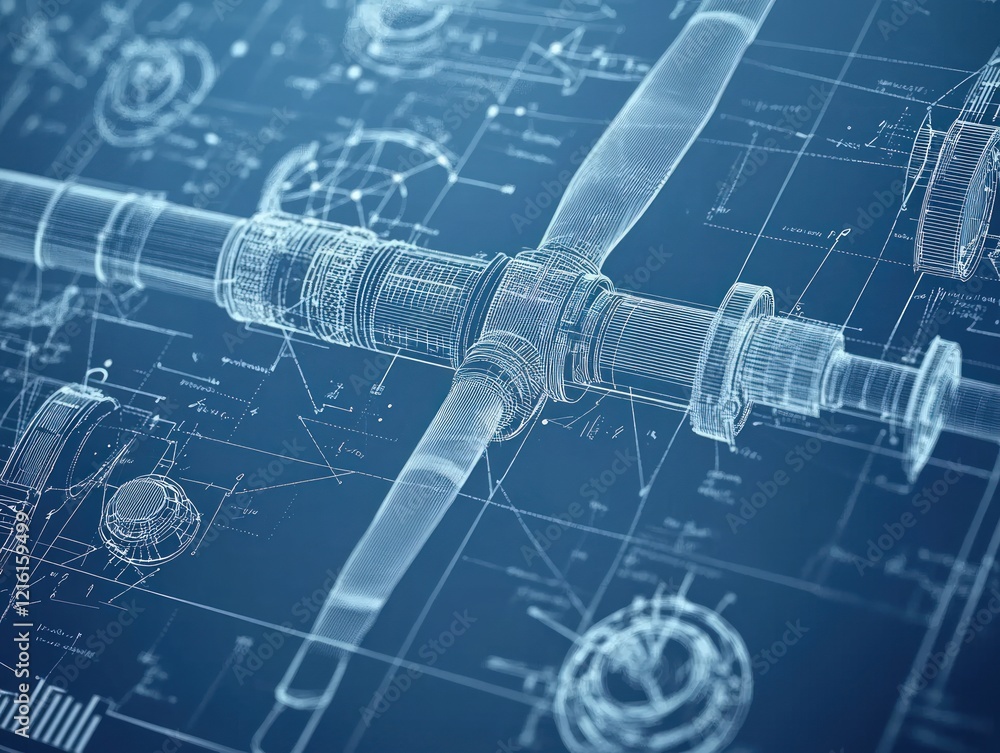 Poster wireframe model of a propeller engine on blueprint