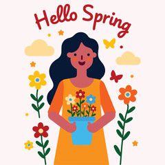 A cheerful illustration of a woman with long dark hair, wearing an orange dress adorned with flowers, holding a pot of colorful flowers