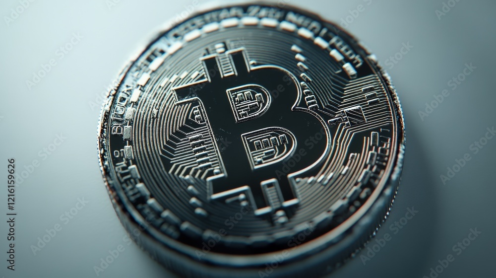 Poster bitcoin cryptocurrency coin close-up on digital background representing blockchain technology, finan