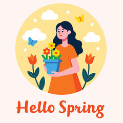 A cheerful illustration of a girl holding a pot of flowers, symbolizing the arrival of spring