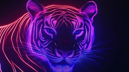 Neon Tiger: A vibrant digital artwork of a majestic tiger illuminated with neon pink and purple lines, creating a stunning and otherworldly aesthetic.
