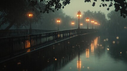 Misty night scene of a bridge with lit lamps reflecting on water.