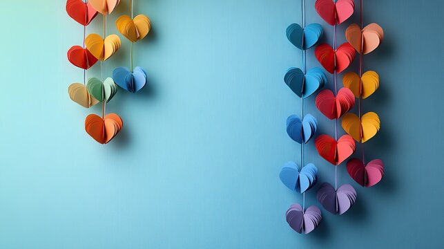 A vertical arrangement of paper hearts in vivid rainbow colors symbolizes LGBTQ pride, spreading love and diversity