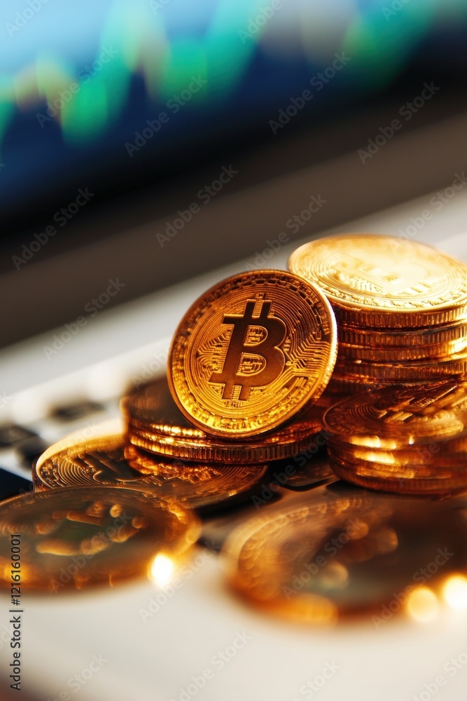 Aufkleber bitcoin coins stacked on laptop keyboard with financial graph in background, representing cryptocurr