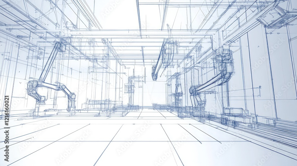 Aufkleber architectural blueprint showing robotic arms in factory setting