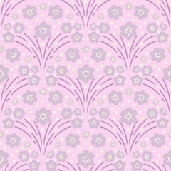Floral arch seamless pattern. Scallop half circle geometrical botanical ornament. Art nouveau stylized hand drawn small flowers in monochromatic pink colors. Repeat bouquets allover backdrop