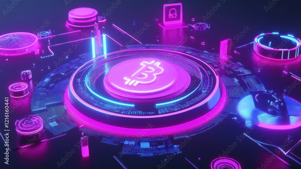 Poster visualization of virtual currency exchanges with glowing payment systems and futuristic graphs.
