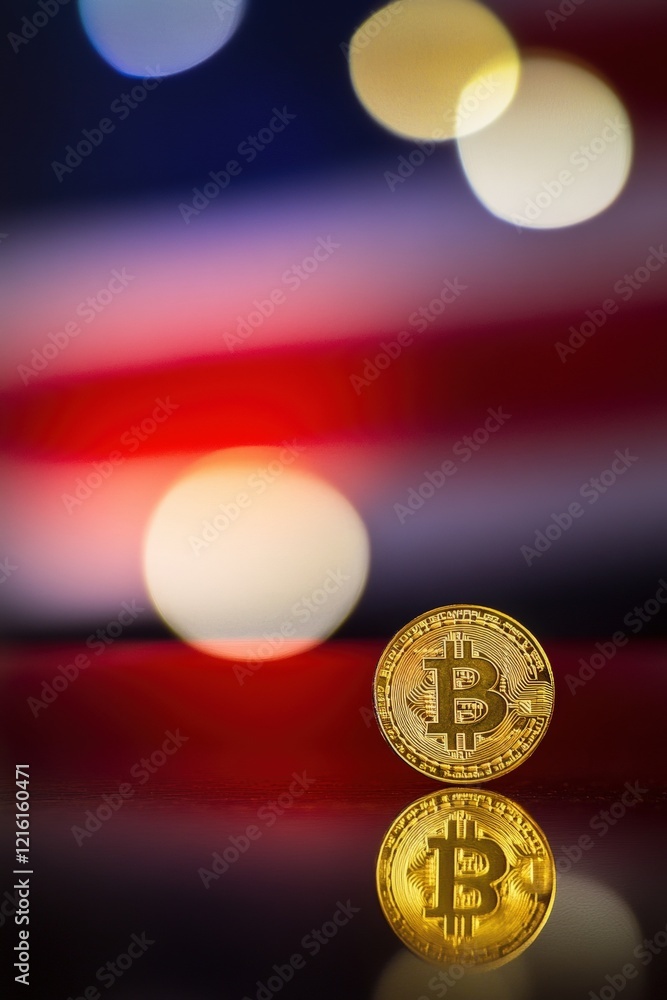 Poster bitcoin coins reflecting on a surface with blurred background of american flag colors, symbolizing c