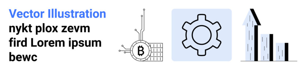 Elements include Bitcoin symbol on circuit board, gear mechanism, and bar graph showing growth. Ideal for technology, finance, blockchain, mechanics, data analytics, business growth. Landing page